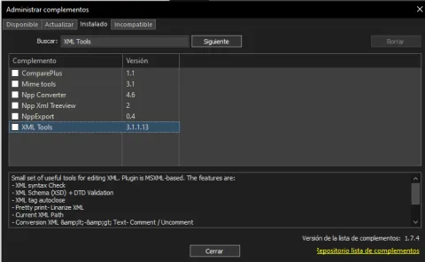 Instalar XML Tools en Notepad++
