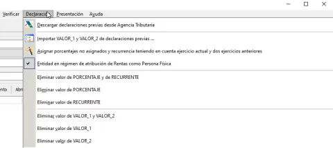Modelo 182, opciones de menú declaración