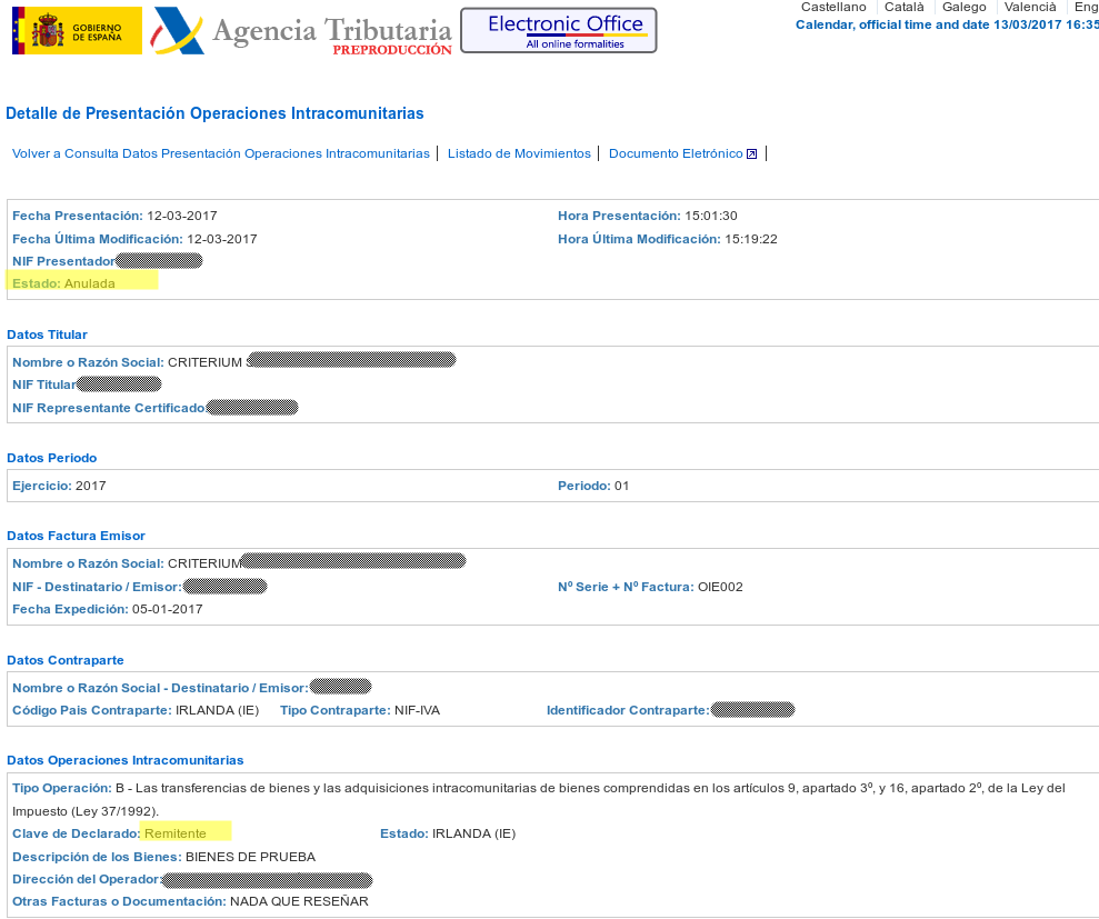 Anulación de Operación intracomunitaria como remitente e SII