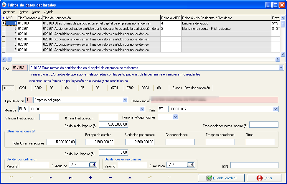 Edición de datos declarados