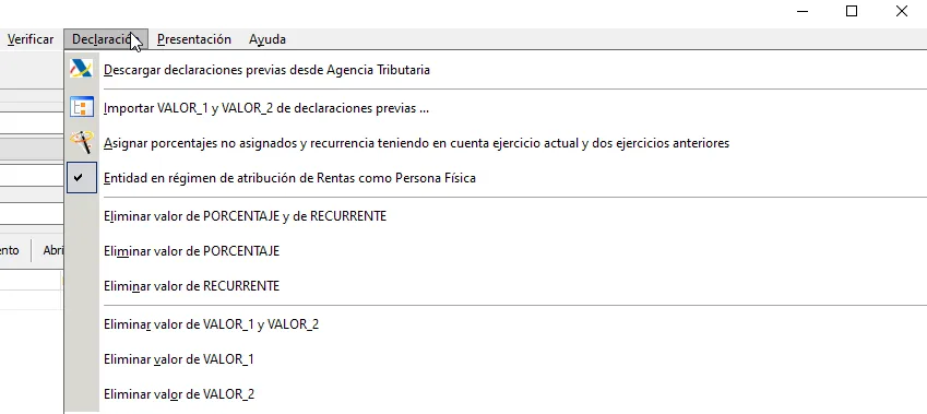 Modelo 182, opciones de menú declaración